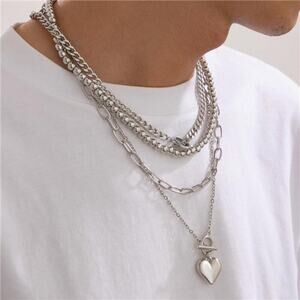 Chunky Layered Necklace Set Paperclip Chain, Beaded Ball & Heart Pendant